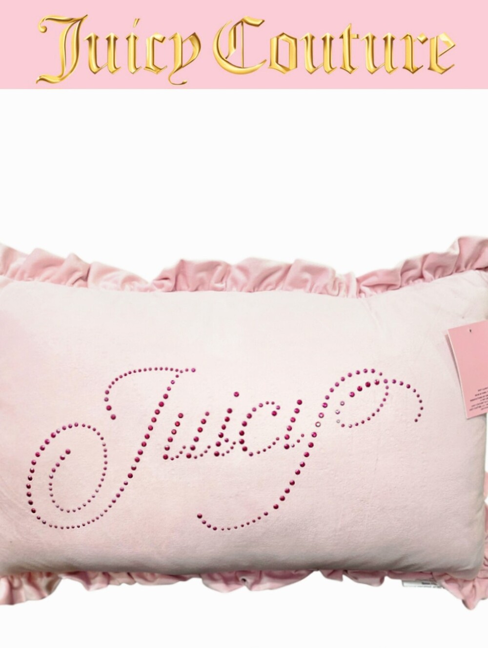 Juicy Couture Home Pink Rhinestone Script Ruffle Decorative Accent Pillow